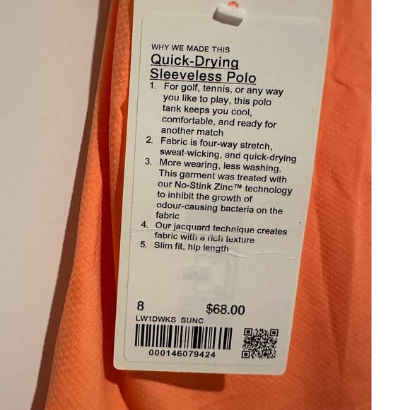 NWT Lululemon Women Size 8 Orange Quick Dry Sleeveless Pickleball Golf Polo Gift - Picture 7 of 11